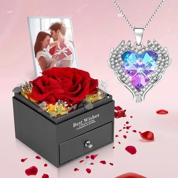LED Preserved Eternal Rose Angel Wings Heart Necklace Birthday Anniversary Gift - Picture 3 of 6